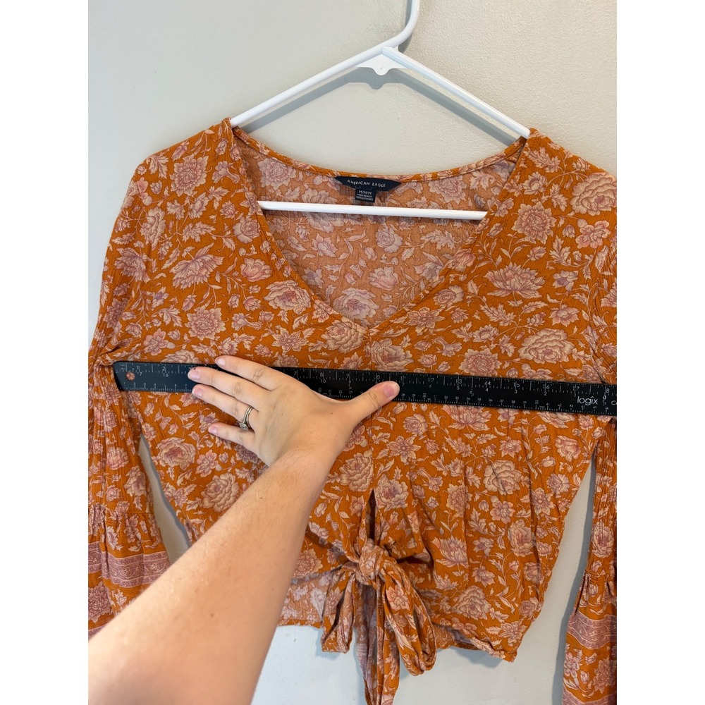 American Eagle Floral Tie Front Bell Sleeve Crop Top Rust Orange Boho Womens M - Picture 7 of 8